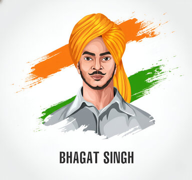 Vector Portrait Of Shaheed Bhagat Singh The Great Freedom Fighter And Revolutionary Leader Against A Brush Stroke Background In Indian Tricolor Colors Representing Patriotism And Valor