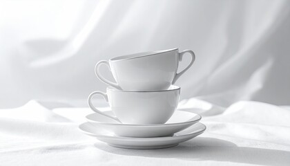 Elegant White Tea Cups Stacked on Saucers With Silver Rim Detail Set Against Soft Fabric Drapery With Subtle Shadows