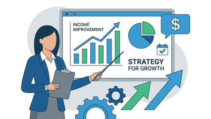 Businesswoman presenting financial growth strategy and income improvement
