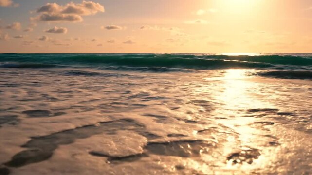 Golden Hour Waves - Serene Beach Scenery at Sunset.