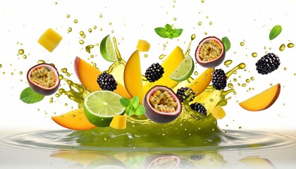 Vibrant tropical fruits like mango, lime, passion fruit, and blackberries splashing into a refreshing green liquid, concept for natural juice, healthy beverages and exotic flavors.