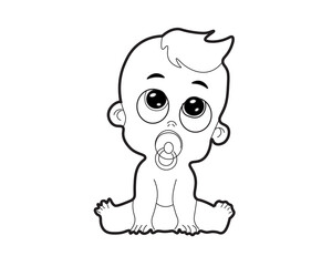 Cute baby with pacifier line art illustration for coloring book and childrens design isolated on white background