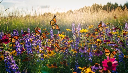 Graceful monarch butterflies fluttering over a vibrant meadow of colorful wildflowers under warm sunshine, concept for nature, summer and biodiversity.