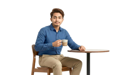 A young, confident man with a warm smile sits at a round cafe table, enjoying a cup of coffee in a relaxed, casual setting, capturing a moment of peaceful enjoyment