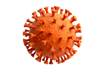 Orange colored microscopic view of a coronavirus particle