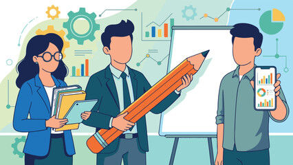 Business professionals collaborating on data analysis and strategy presentation