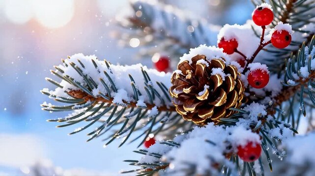 Snow covered pine cone and berries