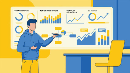 Professional Man Analyzing Business Data and Growth on Interactive Screen