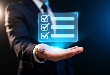 Businessman presenting a glowing transparent checklist with three checked items, symbolizing task completion or success