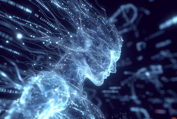 generative art. technologies of the future. The glowing body of the AI cyber agent is made of information
