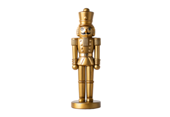 Gold nutcracker soldier figurine with black mustache and military uniform, isolated on a transparent background
