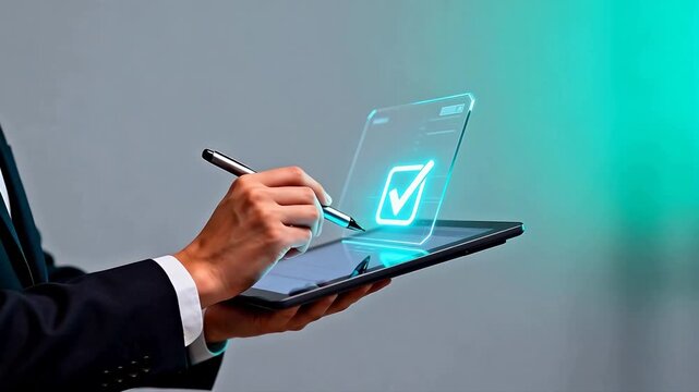 Person using digital tablet with checkmark
