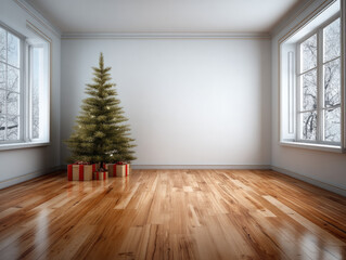 Minimalist christmas tree with gift box on wooden floor, bright window, winter scene, peaceful holiday atmosphere, empty room