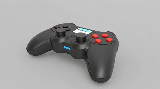 Black video game controller with red buttons on gray surface