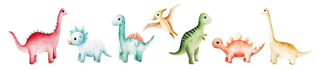 Cute dinosaur set. Watercolor hand drawn prehistoric triceratops, diplodocus,Spinosaurus, Brachiosaurus animal. Isolated illustration on transparent background. Perfect for for nursery and baby shower