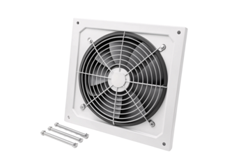 White exhaust fan with protective grill and mounting screws included, isolated on a transparent background