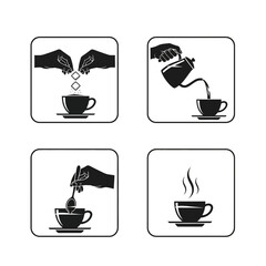 “Coffee Preparation Steps Icon Set – Pour, Stir, Serve Hot Beverage Vector”