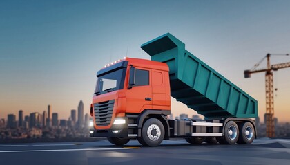 Vibrant red dump truck under a dramatic twilight sky with city skyline and construction crane, concept for transportation, construction, and urban development