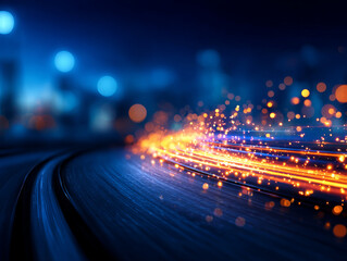 Vibrant light trails create dynamic scene with glowing particles and blurred background