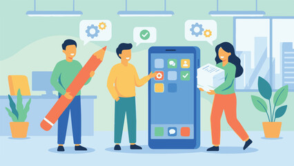 People collaborating on mobile app development and design in an office