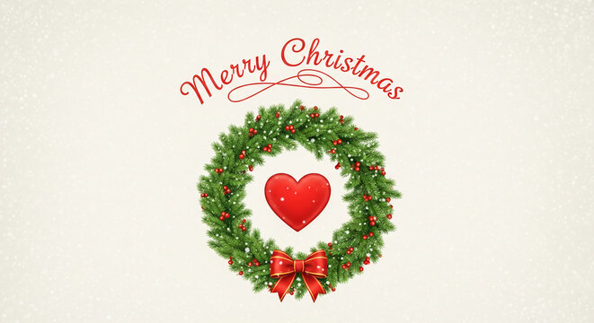 Christmas wreath with red heart and bow on light background with greeting text, symbolizing holiday spirit, celebration, and festive mood for Christmas season - Powered by Adobe