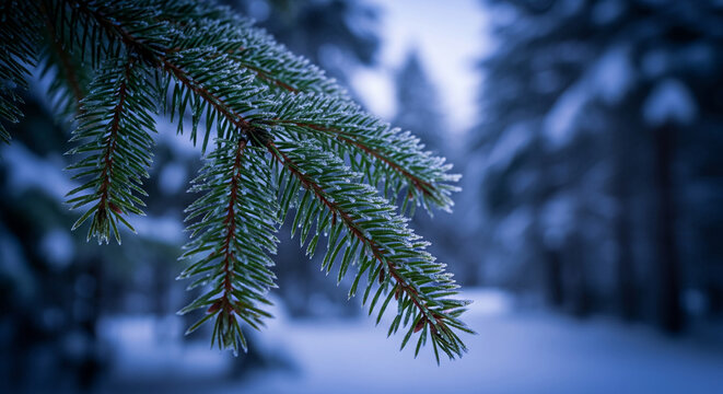 Close-up of frosted spruce branch, featuring ice crystals, evoking cold season or winter holiday concepts, perfect for nature or seasonal themes - Powered by Adobe