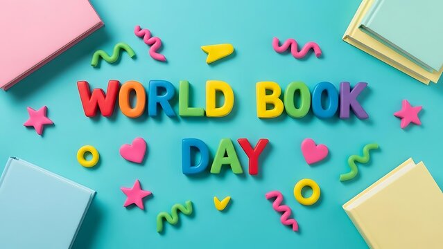 World book day celebration with colorful letters and pastel books. - Powered by Adobe