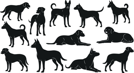 Dog silhouette set, various canine poses illustration, black pet figure icons, sitting, standing, lying down posture graphic, breed diversity concept