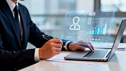 Businessman using laptop with digital interface - Powered by Adobe