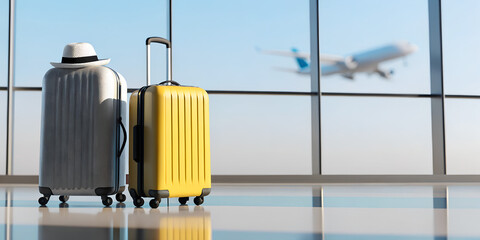 Suitcases in airport. Travel concept. 3d rendering