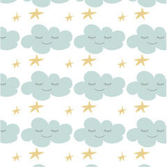 Soft pastel vector seamless pattern with cute clouds and stars. Perfect for baby products, textiles, nursery decor, invitations and gentle kids designs.
