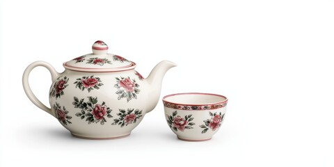 decorative teapot with floral patterns alongside a matching cup, both showcasing elegant craftsmanship and vintage design.