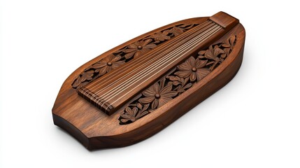 beautifully crafted wooden musical instrument with intricate floral carvings, featuring strings stretched across its surface.