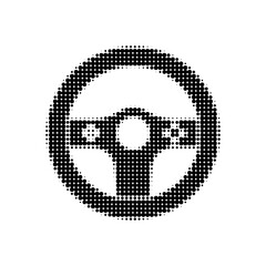 Halftone steering wheel icon with dotted texture, minimal black symbol for driving, automotive control and transportation interface design.