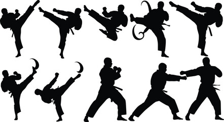 Martial arts silhouette set, dynamic kicking and punching poses, black combat figure icons, discipline and agility concept illustration