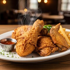 Crispy Fried Chicken Platter with Sauce and Fries.