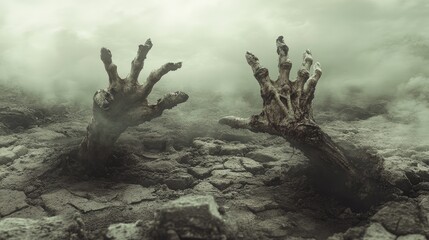 Eerie and haunting zombie hands emerging from cracked earth in a desolate landscape under a foggy sky, evoking horror and survival themes.