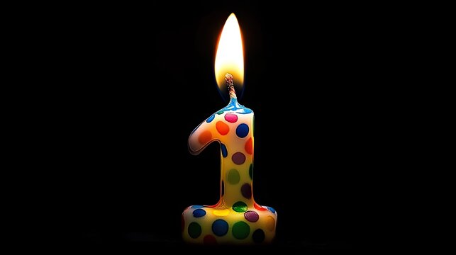 Colorful Birthday Candle Number One with Flame on Black Background for Celebrating First Birthday and Special Moments in Life