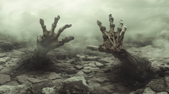 Eerie and haunting zombie hands emerging from cracked earth in a desolate landscape under a foggy sky, evoking horror and survival themes.