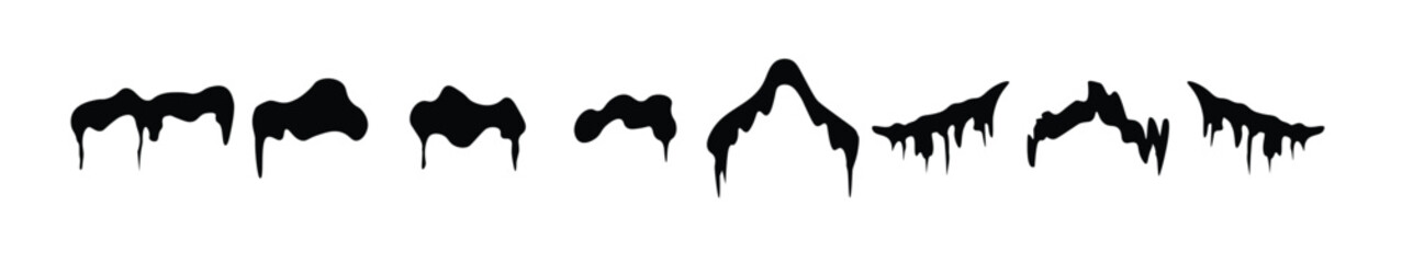 Snow At Home Set. Set of black icon snow caps, pile, icicles, ice, snowball and snowdrift isolated on transparent background. Winter decorations, Christmas, snow texture, vector illustration.