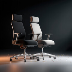 Obraz premium Two modern ergonomic office chairs with headrests and armrests on wheels, black and white color, studio lighting, professional workspace