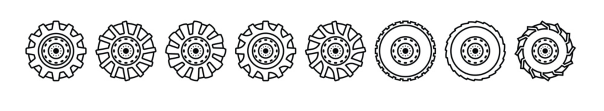 Black and white tractor tire silhouette with tread and inner lines. Continuous single line drawing of a heavy-duty front wheel loader with a toothed bucket. vector illustration.