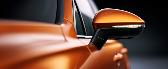 Close-up of orange car side mirror with LED indicator light and sleek modern design in studio lighting