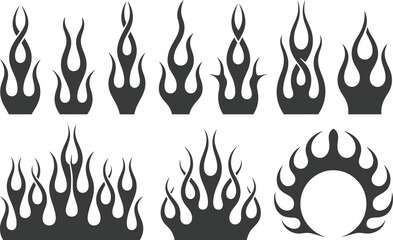 Set of stylized flame and fire graphic elements on white Keywords: flame, fire, hot, burn, heat, energy