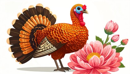 Turkey and flowers, vibrant illustration