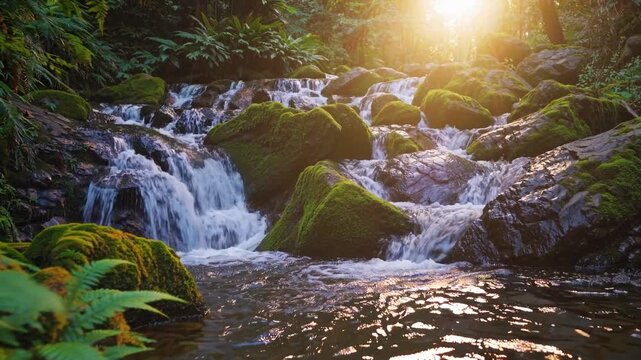 A serene forest scene features a cascading waterfall flowing over moss-covered rocks, creating soothing sounds. Sunlight filters through the leaves, casting a golden glow on the tr