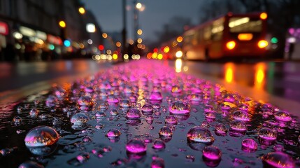 Macro shot of water droplets reflecting city lights, with street and bus blurred in background