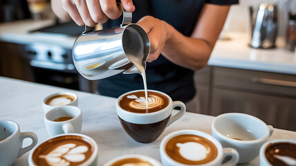 Barista hand pouring steamed milk from stainless steel pitcher creating latte art on espresso coffee in several cups on marble counter