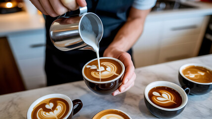 Barista skillfully pouring white steamed milk from metal jug creating intricate latte art design in a dark coffee mug