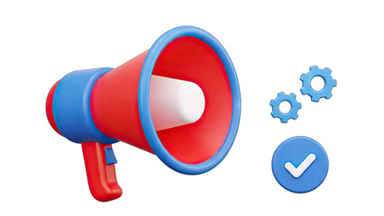 Red and Blue Megaphone with Gears and Checkmark Icon on Transparent Background